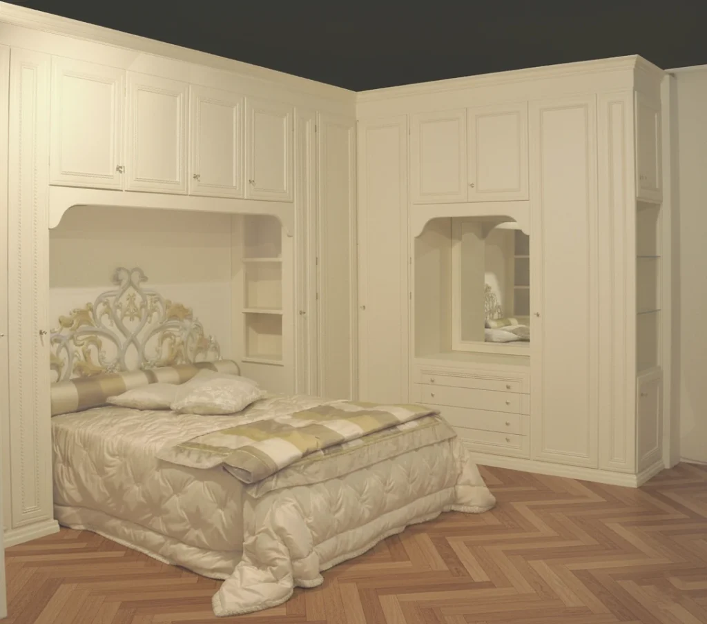 Camera da letto su misura a ponte con zona sopra letto con ante